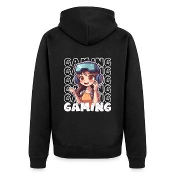 Introvertiertes Virtual Reality Anime Gaming Mädchen - Unisex Premium Bio Zip Hoodie - Schwarz - Hinten - Nico (187cm)