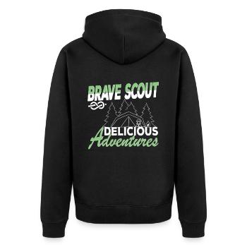 Brave Scout Delicious Adventures Pfadfinder-Vibes - Unisex Premium Bio Zip Hoodie - Schwarz - Hinten - Nico (187cm)