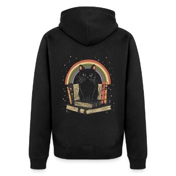 black cat sitting on books - Unisex Premium Organic Zip Hoodie - black - Back - Nico (187cm)