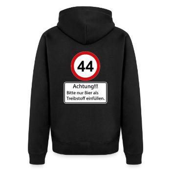 44 Achtung nur Bier als Treibstoff einfüllen - Unisex Premium Bio Zip Hoodie - Schwarz - Hinten - Nico (187cm)