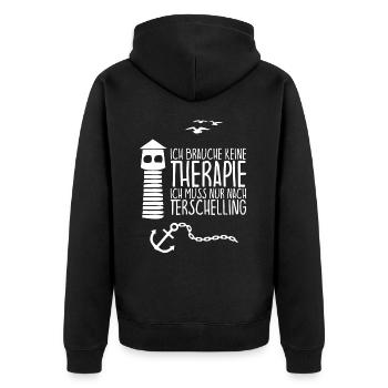 Ich brauche keine Therapie muss nach TERSCHELLING - Unisex Premium Bio Zip Hoodie - Schwarz - Hinten - Nico (187cm)