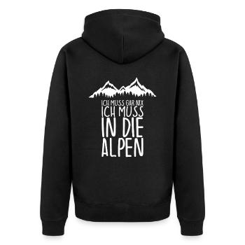 Ich muss gar nix Ich Muss in die ALPEN - Unisex Premium Bio Zip Hoodie - Schwarz - Hinten - Nico (187cm)