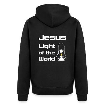 Christliches Design Jesus Licht der Welt - Unisex Premium Bio Zip Hoodie - Schwarz - Hinten - Nico (187cm)