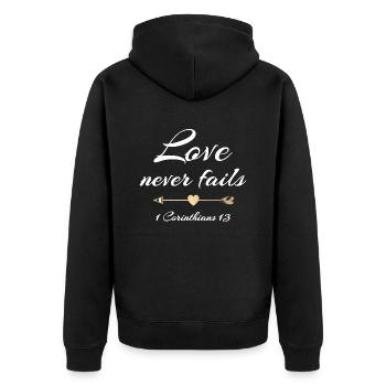 Christliche Designliebe versagt nie 1. Korinther 13 - Unisex Premium Bio Zip Hoodie - Schwarz - Hinten - Nico (187cm)