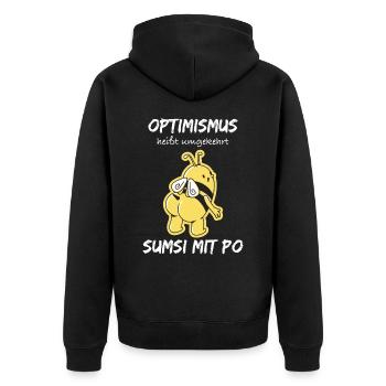 Optimismus sumsi mit po - Unisex Premium Bio Zip Hoodie - Schwarz - Hinten - Nico (187cm)