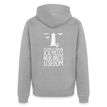 Ich muss gar nix Ich muss nur nach USEDOM - Unisex Premium Bio Zip Hoodie - Grau meliert - Hinten - Nico (187cm)