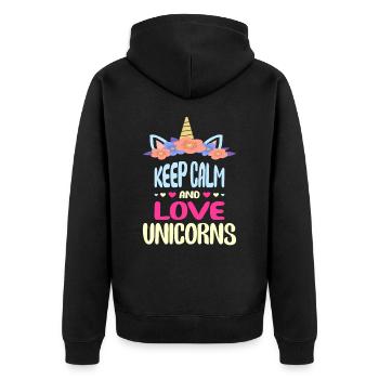 Ruhe bewahren und Einhörner lieben Unicorn - Unisex Premium Bio Zip Hoodie - Schwarz - Hinten - Nico (187cm)
