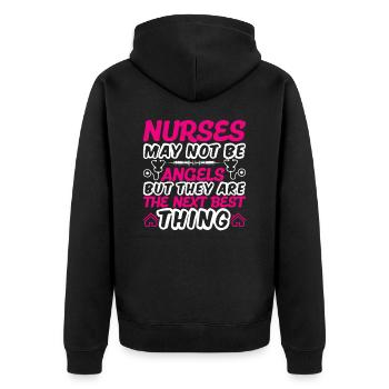 Krankenschwestern sind keine Engel - Unisex Premium Bio Zip Hoodie - Schwarz - Hinten - Nico (187cm)