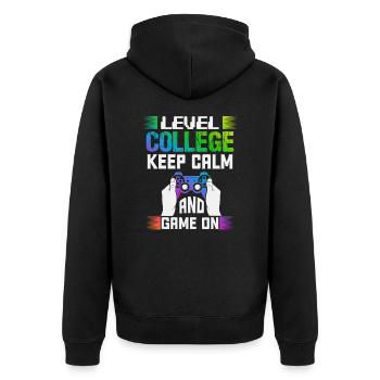 Level COLLEGE keep calm and game on - Unisex Premium Bio Zip Hoodie - Schwarz - Hinten - Nico (187cm)