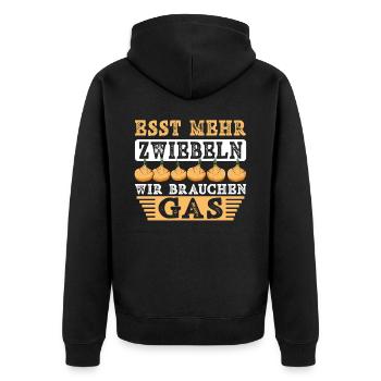Esst mehr Zwiebeln - Gasknappheit Gas Erdgas - Unisex Premium Bio Zip Hoodie - Schwarz - Hinten - Nico (187cm)
