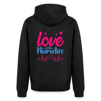 KRANKENSCHWESTER Love Nurse Life - Unisex Premium Bio Zip Hoodie - Schwarz - Hinten - Nico (187cm)