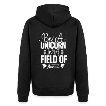 Sei ein Einhorn auf einer Wiese voller Pferde - Unisex Premium Bio Zip Hoodie - Schwarz - Hinten - Nico (187cm)