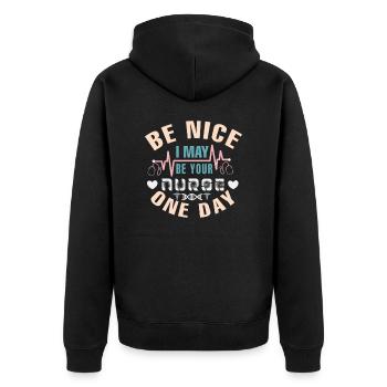 Sei nett, ich könnte deine Krankenschwester sein - Unisex Premium Bio Zip Hoodie - Schwarz - Hinten - Nico (187cm)