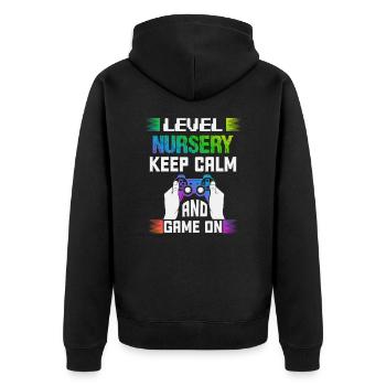 Level NURSERY keep calm and game on - Unisex Premium Bio Zip Hoodie - Schwarz - Hinten - Nico (187cm)