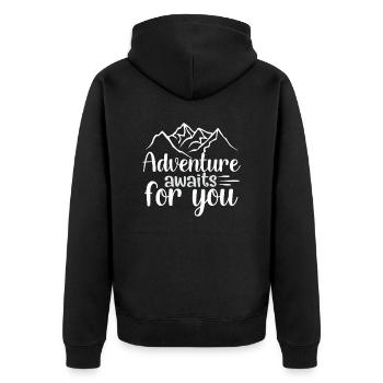 Abenteuer warten auf dich Wandershirt - Unisex Premium Bio Zip Hoodie - Schwarz - Hinten - Nico (187cm)