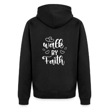 Christian Design Walk by Faith - Unisex Premium Organic Zip Hoodie - black - Back - Nico (187cm)