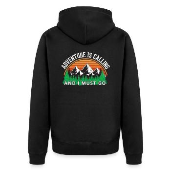 Das Abenteuer ruft Wandershirt - Unisex Premium Bio Zip Hoodie - Schwarz - Hinten - Nico (187cm)