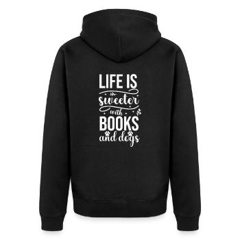 Das Leben ist süßer mit Büchern und Hunden - Unisex Premium Bio Zip Hoodie - Schwarz - Hinten - Nico (187cm)