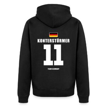 Deutschland Fussball Konterstürmer Fußball - Unisex Premium Bio Zip Hoodie - Schwarz - Hinten - Nico (187cm)