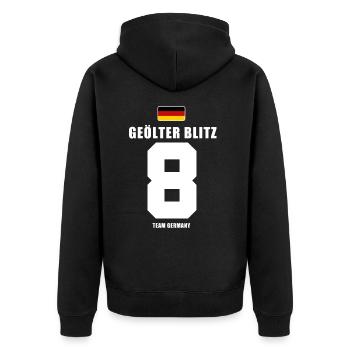 Deutschland Fussball Geölter Blitz Fußball - Unisex Premium Bio Zip Hoodie - Schwarz - Hinten - Nico (187cm)