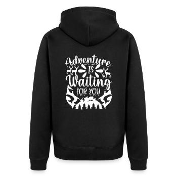 Abenteuer warten auf dich Wandershirt - Unisex Premium Bio Zip Hoodie - Schwarz - Hinten - Nico (187cm)
