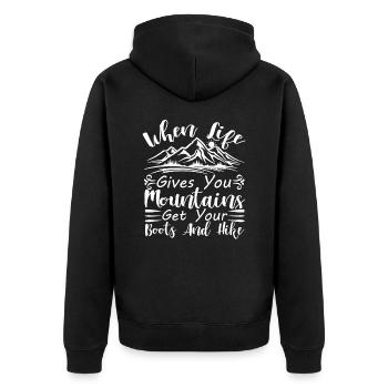 Wandern Natur Outdoor Berge - Unisex Premium Bio Zip Hoodie - Schwarz - Hinten - Nico (187cm)