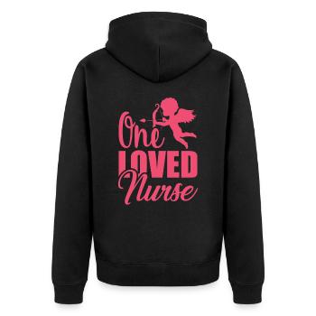KRANKENSCHWESTER One Loved Nurse - Unisex Premium Bio Zip Hoodie - Schwarz - Hinten - Nico (187cm)