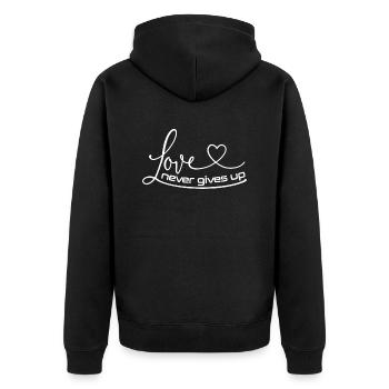 Christian Design Love never gives up 1 - Unisex Premium Organic Zip Hoodie - black - Back - Nico (187cm)