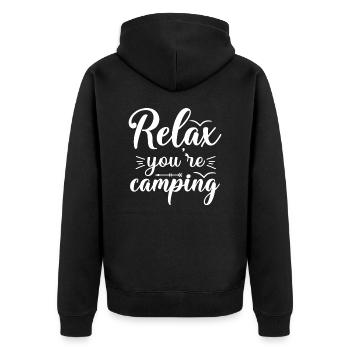 Entspannen, auf dem Campingplatz Wandershirt - Unisex Premium Bio Zip Hoodie - Schwarz - Hinten - Nico (187cm)