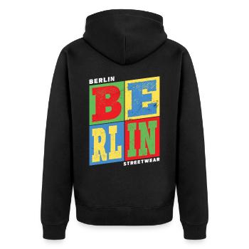 Berlin Deutschland Stadt Bunt Skyline Heimat - Unisex Premium Bio Zip Hoodie - Schwarz - Hinten - Nico (187cm)