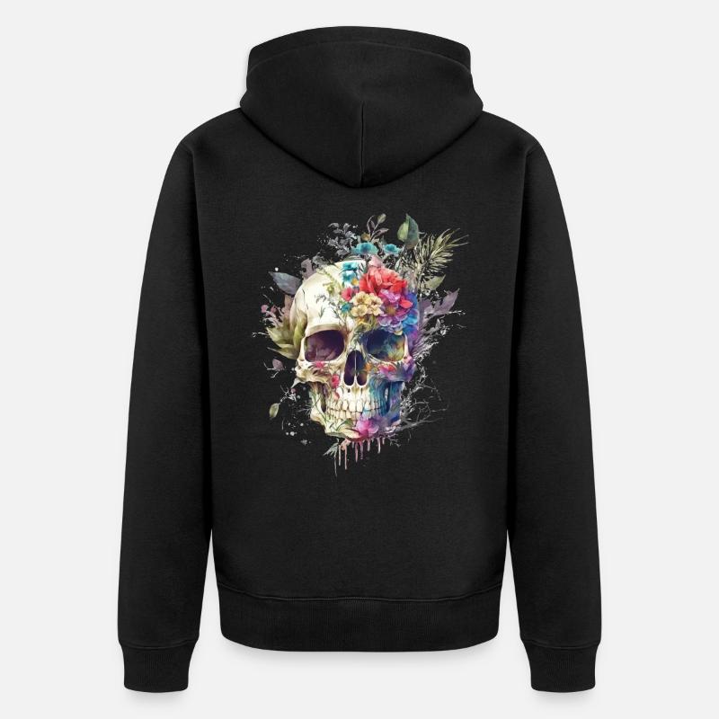 Crâne avec des fleurs - Veste à capuche bio Premium Unisexe - noir