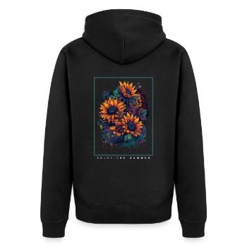 Psychedelische Sonnenblumen Garten Natur - Unisex Premium Bio Zip Hoodie - Schwarz - Hinten - Nico (187cm)