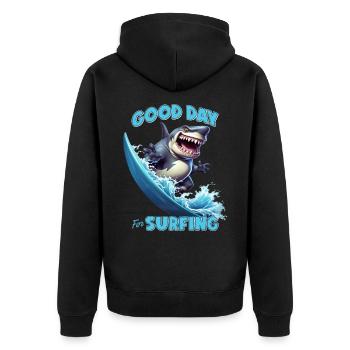 Funny shark with a surfboard - surfer - Unisex Premium Organic Zip Hoodie - black - Back - Nico (187cm)