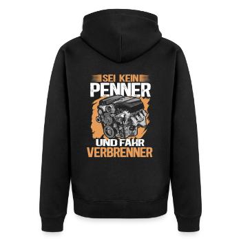 Sei kein Penner - Fahr Verbrenner | Spruch - Unisex Premium Bio Zip Hoodie - Schwarz - Hinten - Nico (187cm)