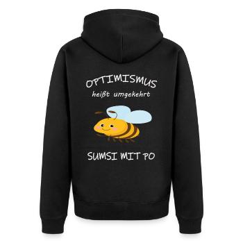 Optimismus heißt umgekehrt Sumsi mit Po. - Unisex Premium Bio Zip Hoodie - Schwarz - Hinten - Nico (187cm)