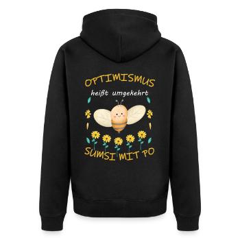 Optimismus heißt umgekehrt Sumsi mit Po - Unisex Premium Bio Zip Hoodie - Schwarz - Hinten - Nico (187cm)