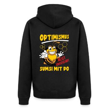 Optimismus heißt umgekehrt Sumsi mit Po. - Unisex Premium Bio Zip Hoodie - Schwarz - Hinten - Nico (187cm)