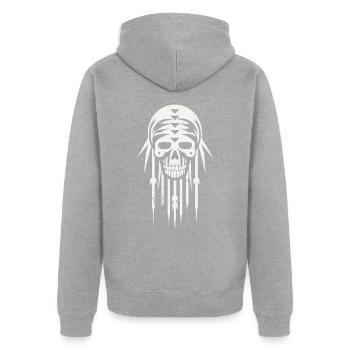 Skull Tribal Tiki Retro Mask - Unisex Premium Organic Zip Hoodie - heather grey - Back - Nico (187cm)