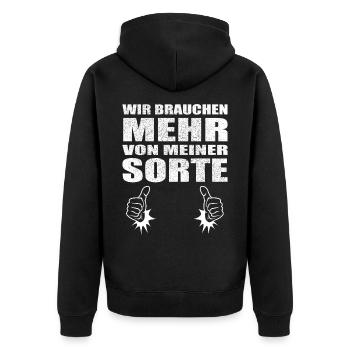 Wir brauchen mehr von meiner Sorte - Unisex Premium Bio Zip Hoodie - Schwarz - Hinten - Nico (187cm)