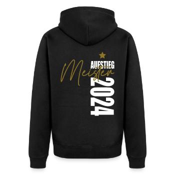 Meister 2024 Aufstiegstrikot Aufstieg 24 - Unisex Premium Bio Zip Hoodie - Schwarz - Hinten - Nico (187cm)