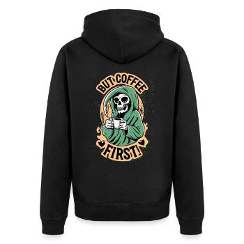 Grim Reaper, Skull But Coffee First Coffee - Unisex Premium Organic Zip Hoodie - black - Back - Nico (187cm)