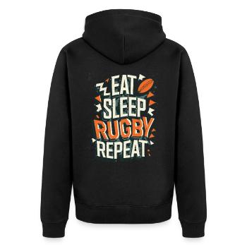 Eat Sleep Rugby Repeat Sport Typografie - Unisex Premium Bio Zip Hoodie - Schwarz - Hinten - Nico (187cm)