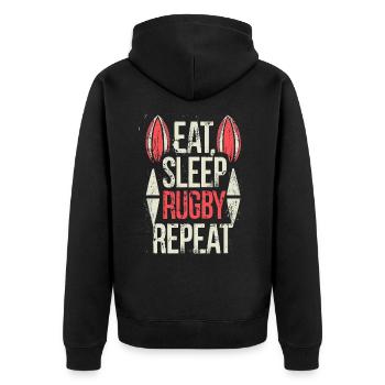 Eat Sleep Rugby Repeat Sport Typografie - Unisex Premium Bio Zip Hoodie - Schwarz - Hinten - Nico (187cm)