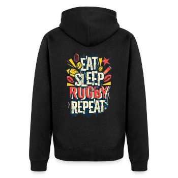 Eat Sleep Rugby Repeat Sport Typografie - Unisex Premium Bio Zip Hoodie - Schwarz - Hinten - Nico (187cm)