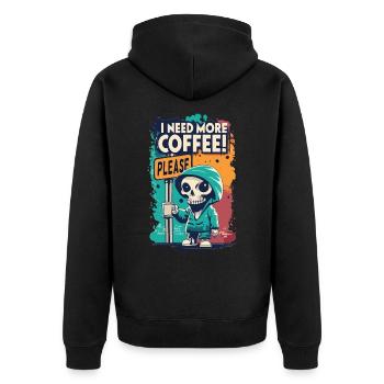 Skeleton Skull I NEED MORE COFFEE Coffee Saying - Unisex Premium Organic Zip Hoodie - black - Back - Nico (187cm)