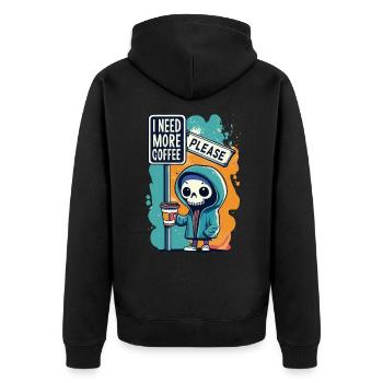 Skeleton Skull I NEED MORE COFFEE Coffee Saying - Unisex Premium Organic Zip Hoodie - black - Back - Nico (187cm)