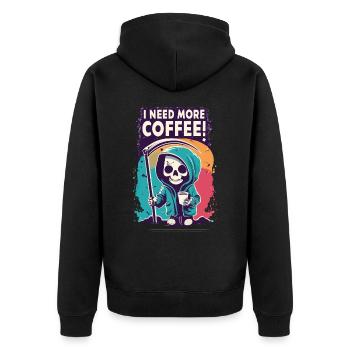 Skeleton Skull I NEED MORE COFFEE Coffee Saying - Unisex Premium Organic Zip Hoodie - black - Back - Nico (187cm)