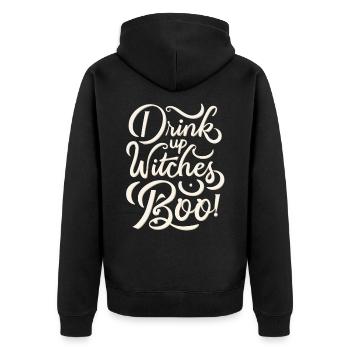 Drink Up Witches Boo Lustiger Halloween Spruch - Unisex Premium Bio Zip Hoodie - Schwarz - Hinten - Nico (187cm)