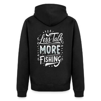 Less Talk More Fishing Angelbekleidung - Unisex Premium Bio Zip Hoodie - Schwarz - Hinten - Nico (187cm)