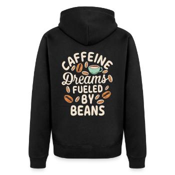 Caffeine Dreams Fueled by Beans Kaffee Spruch - Unisex Premium Bio Zip Hoodie - Schwarz - Hinten - Nico (187cm)